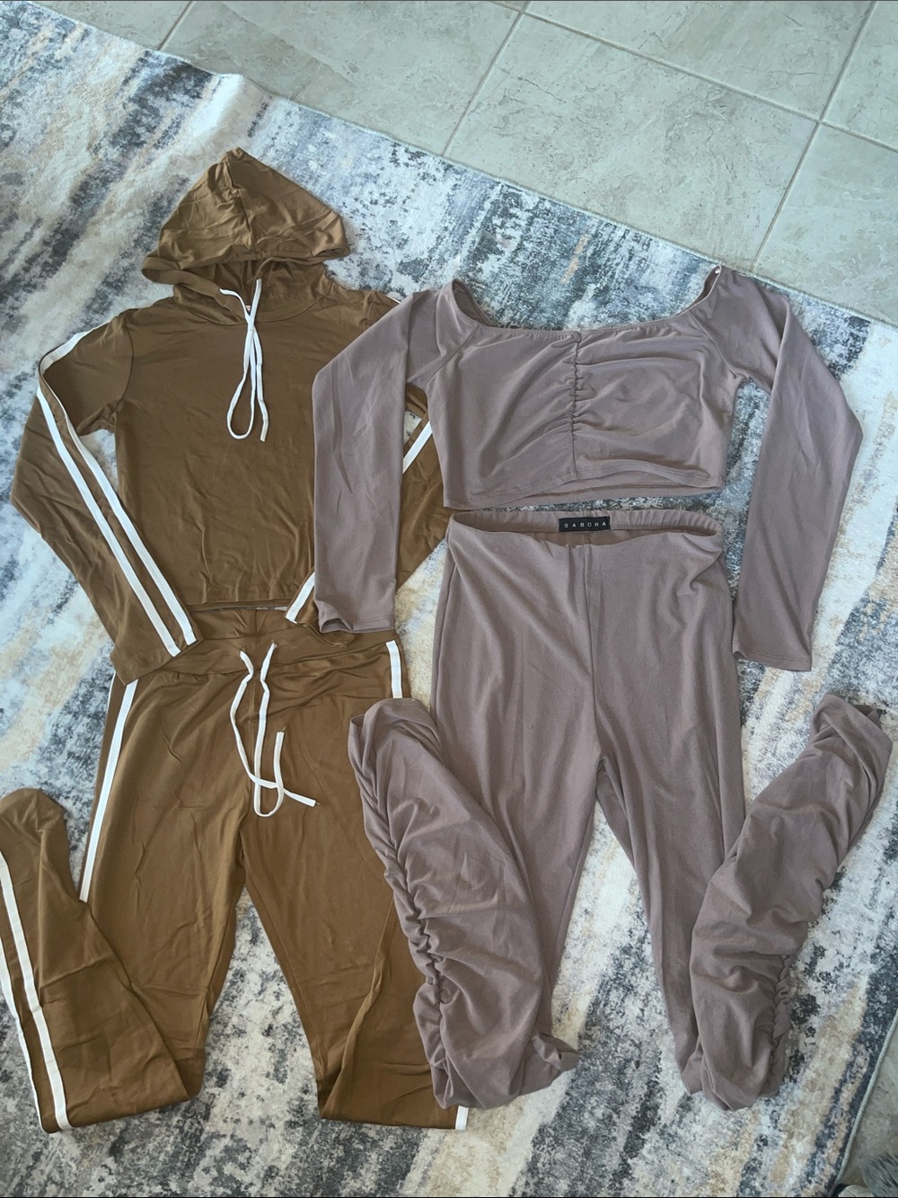 Lounge Set Bundle Taupe Ruched Crop Top & Leggings Set + Brown Hoodie Track Set